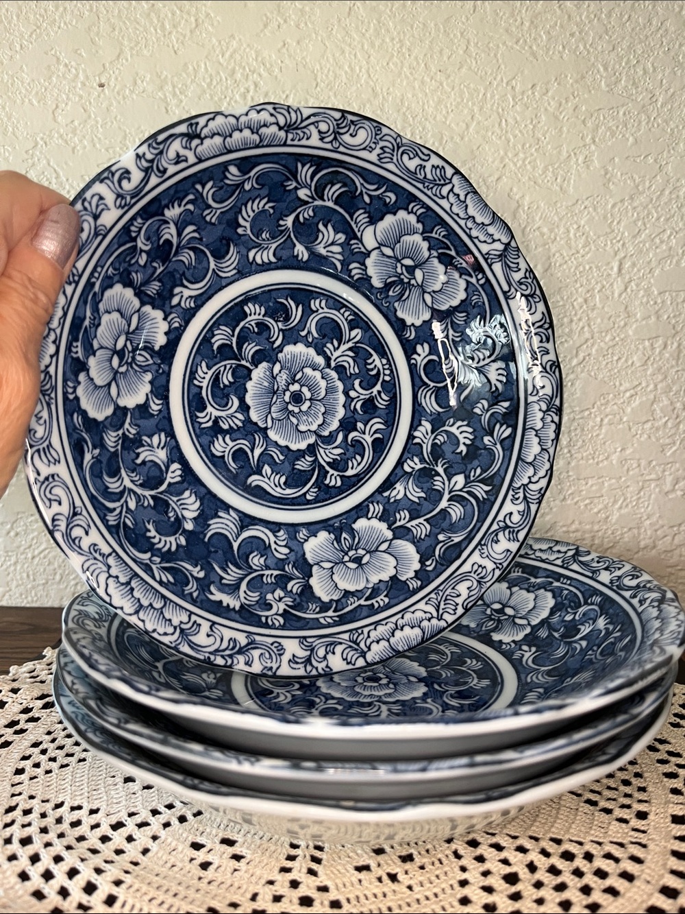Vintage Blue & White Floral Porcelain Plates Set of 4 Asian Chinoiserie Style